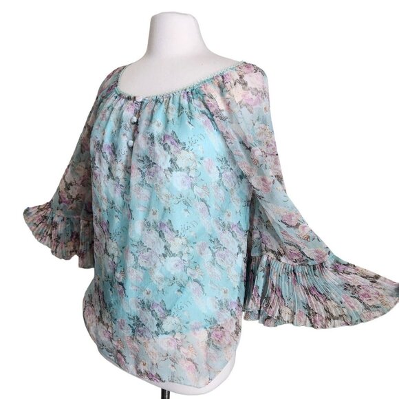 Floral Sheer Bell Sleeve Pleated Blouse Rose Pastel fairy‎ Small Romantic - Picture 2 of 16